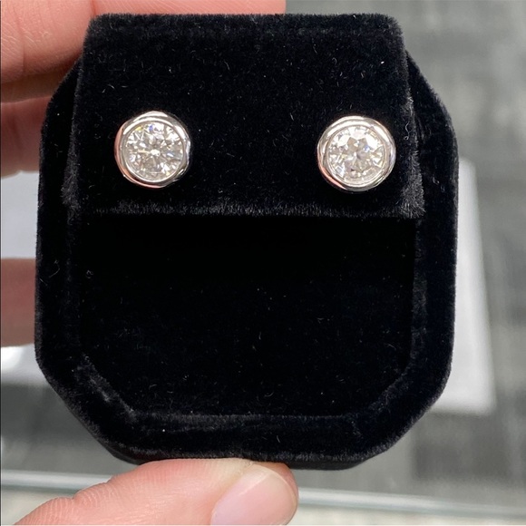 10K White Gold Post 2 Carat Diamond Moissanite Bezel Set Stud Earrings